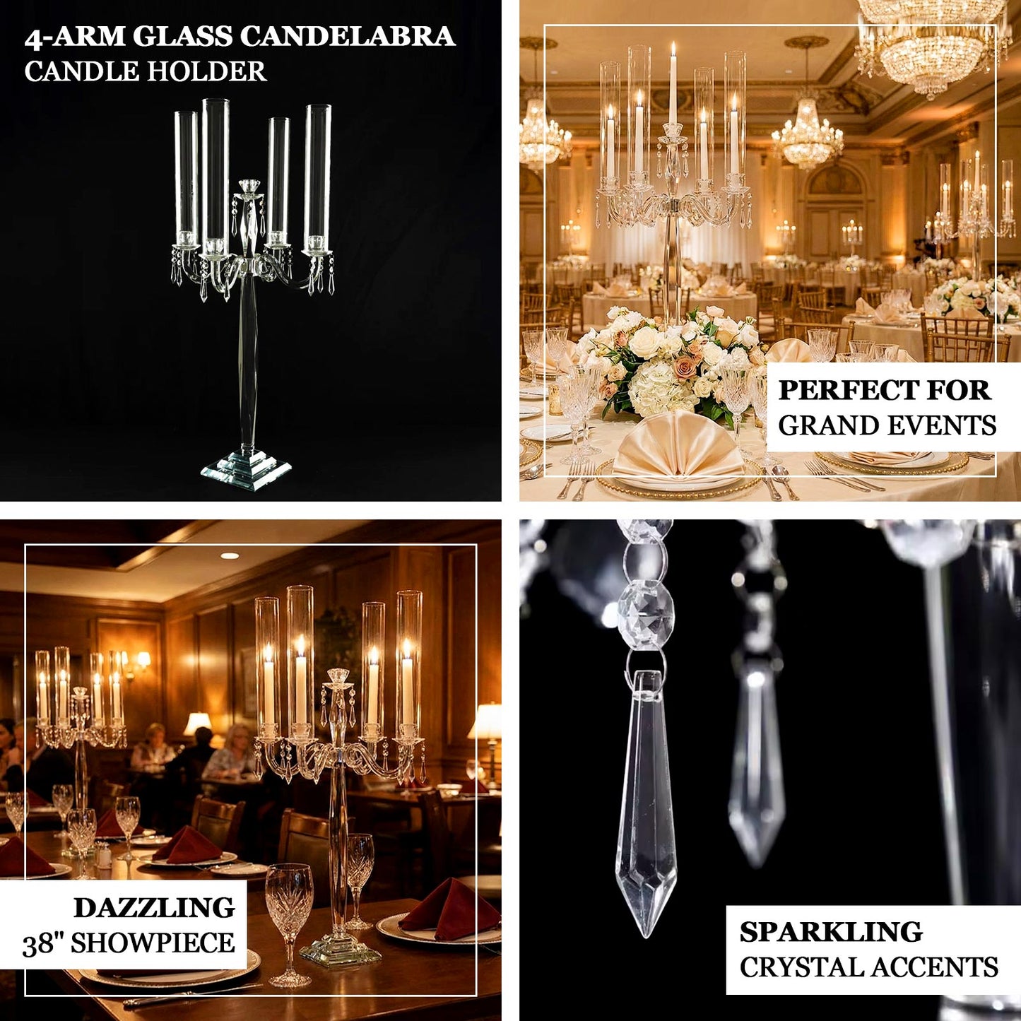 Elegant crystal candelabra taper candle holder with hurricane glass shades.