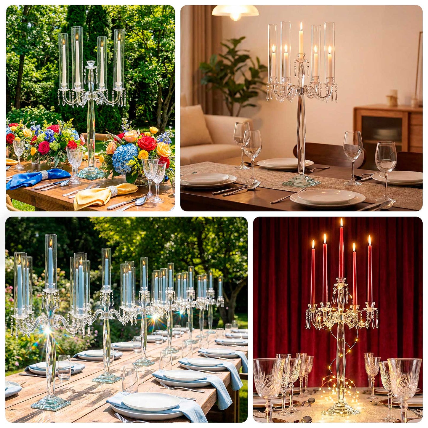 Elegant crystal candelabra taper candle holder with hurricane glass shades.