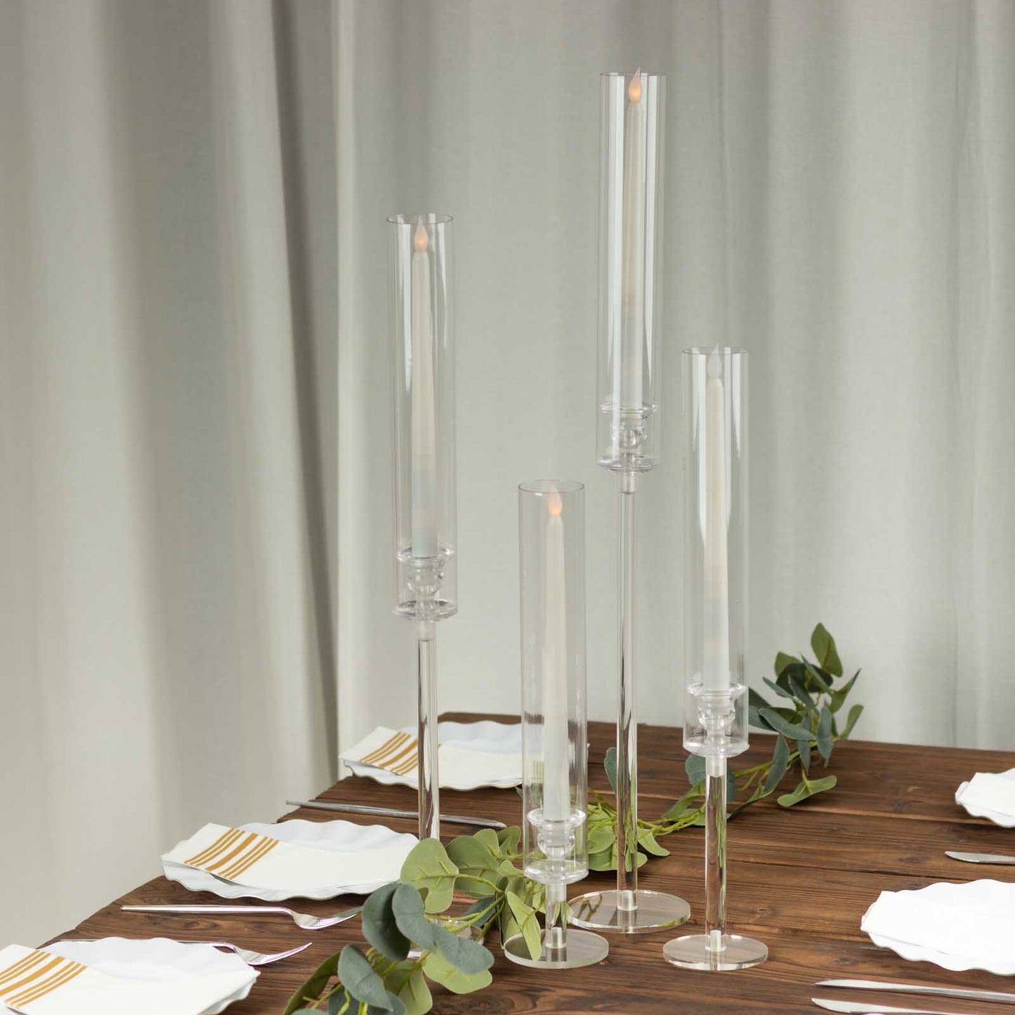 Set of 4 Clear Acrylic Hurricane Candle Stands, Taper Candlestick Holders With Tall Chimney Tube Candle Shades - 14",18",22",26"