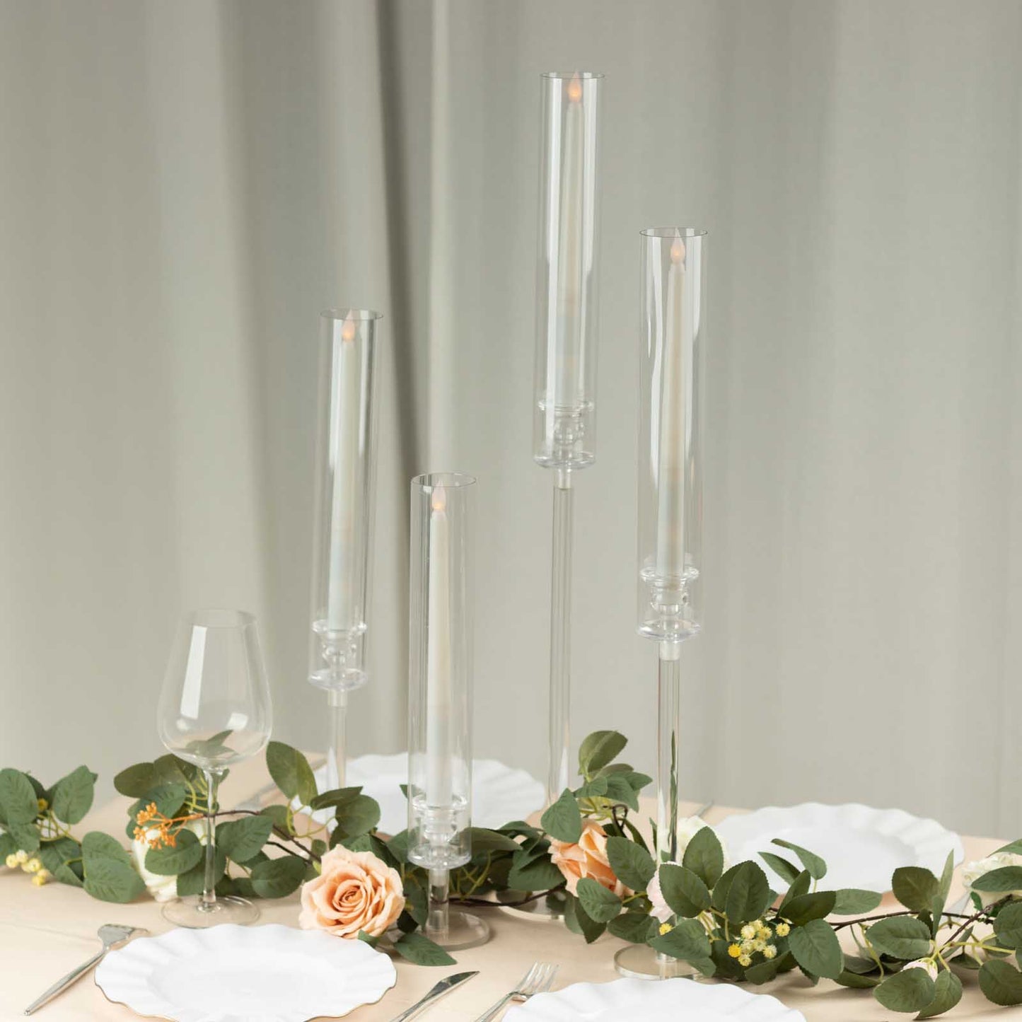 Set of 4 Clear Acrylic Hurricane Candle Stands, Taper Candlestick Holders With Tall Chimney Tube Candle Shades - 14",18",22",26"