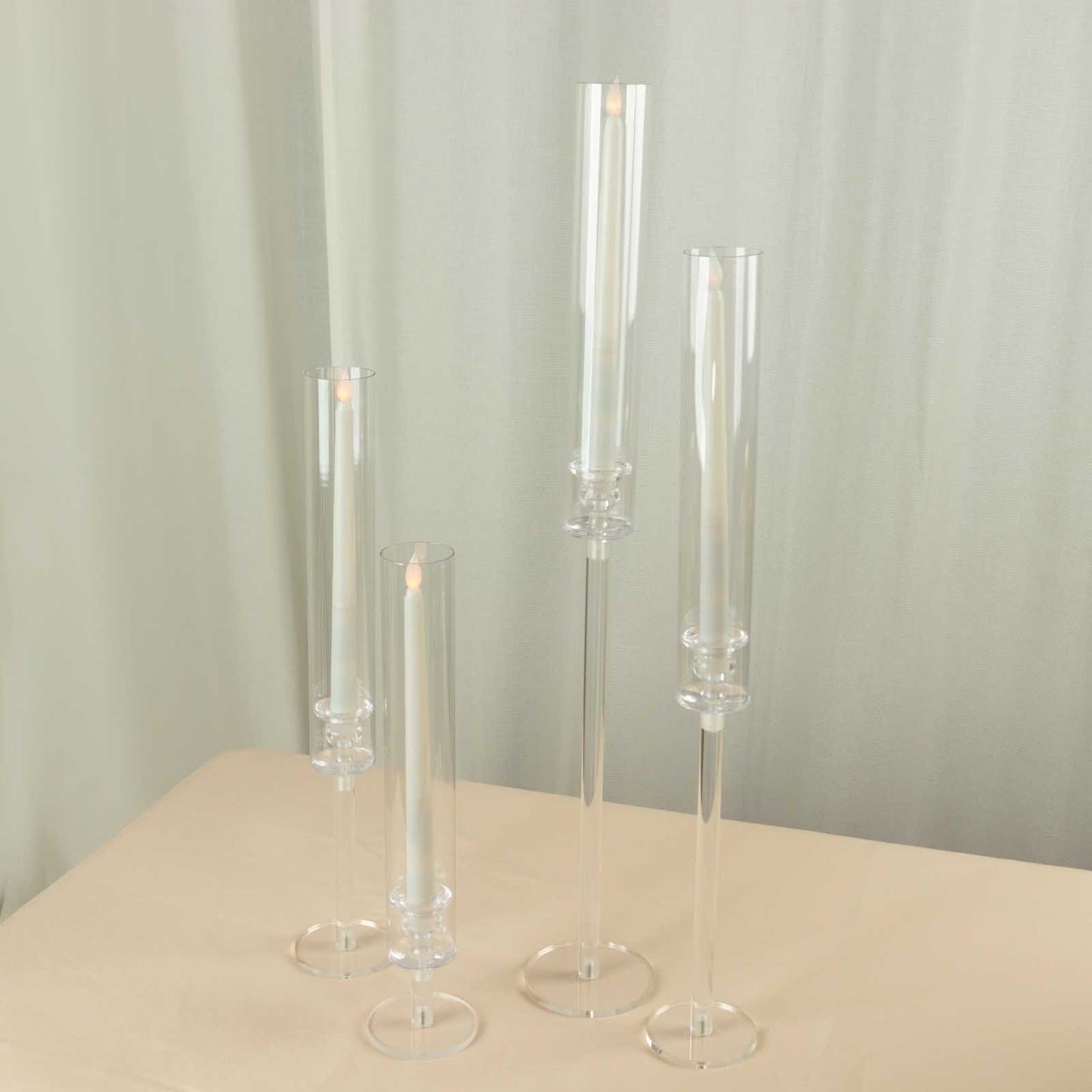 Set of 4 Clear Acrylic Hurricane Candle Stands, Taper Candlestick Holders With Tall Chimney Tube Candle Shades - 14",18",22",26"