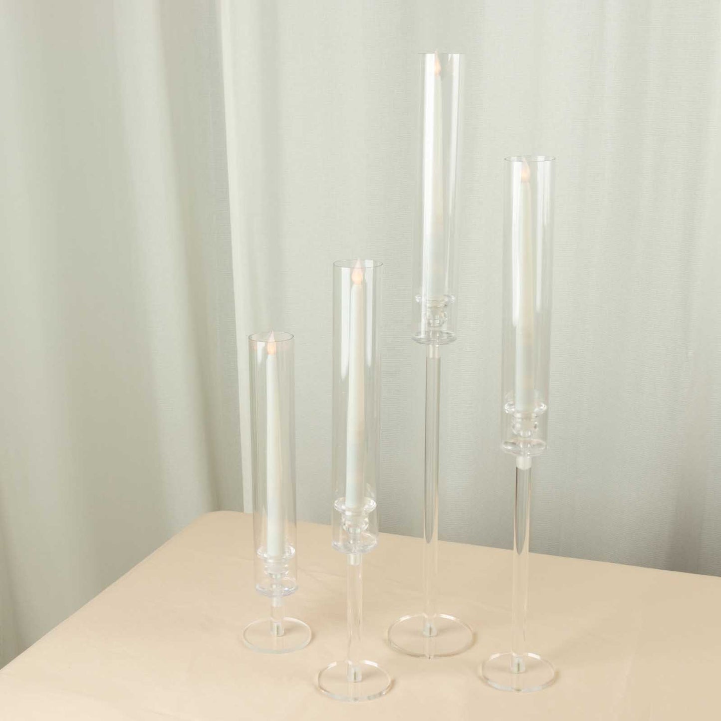 Set of 4 Clear Acrylic Hurricane Candle Stands, Taper Candlestick Holders With Tall Chimney Tube Candle Shades - 14",18",22",26"