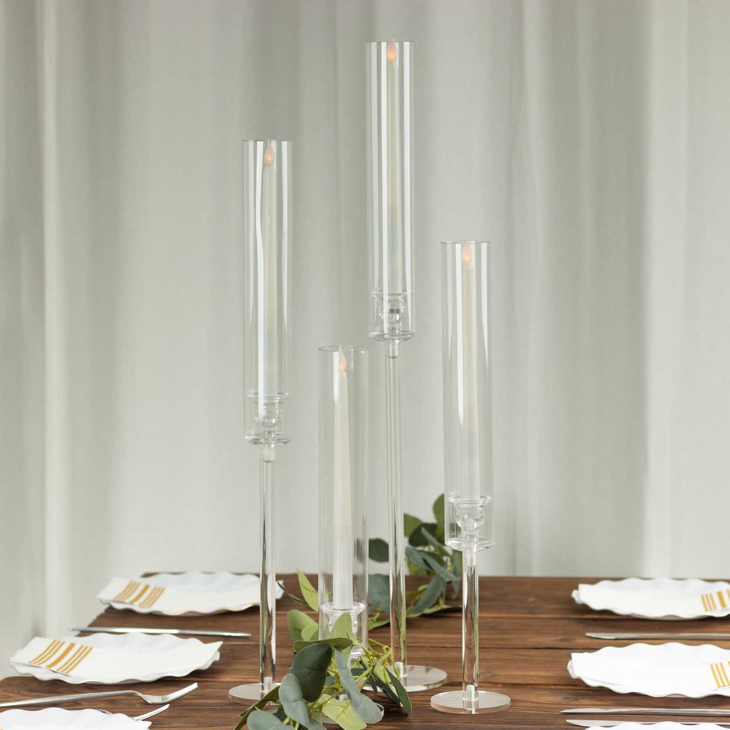 Set of 4 Clear Acrylic Hurricane Candle Stands, Taper Candlestick Holders With Tall Chimney Tube Candle Shades - 14",18",22",26"