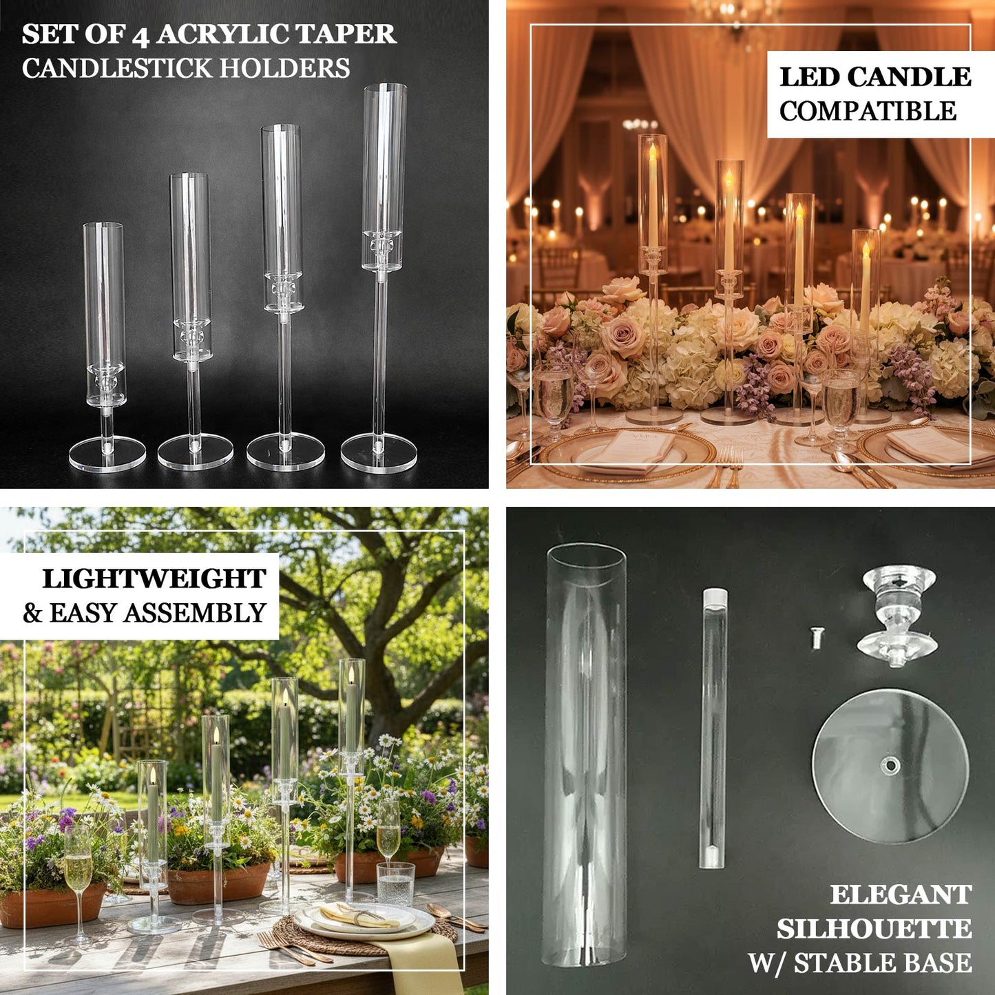 Clear acrylic hurricane candle stands with tall chimney shades, set of 4.