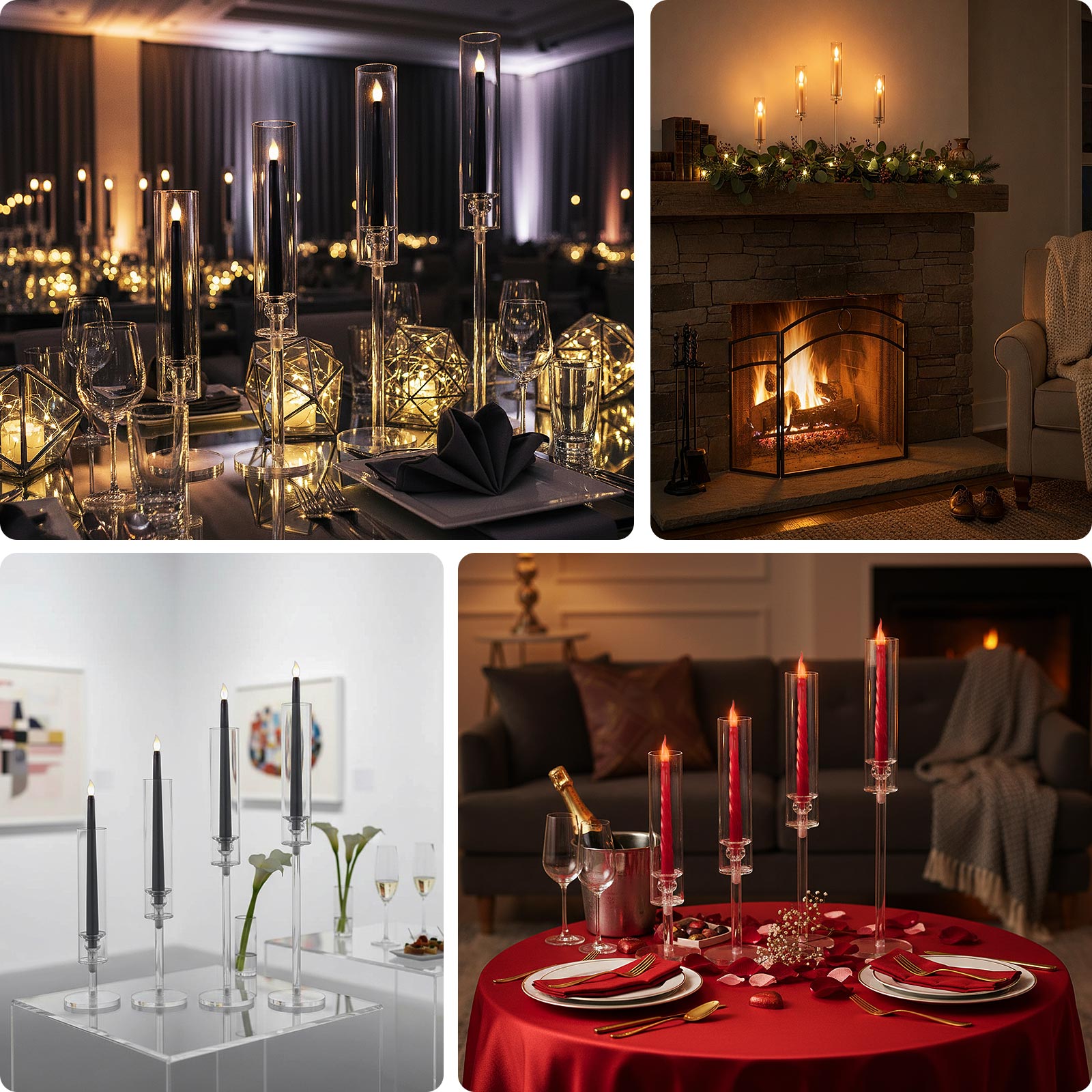 Clear acrylic hurricane candle stands with tall chimneys for elegant decor.