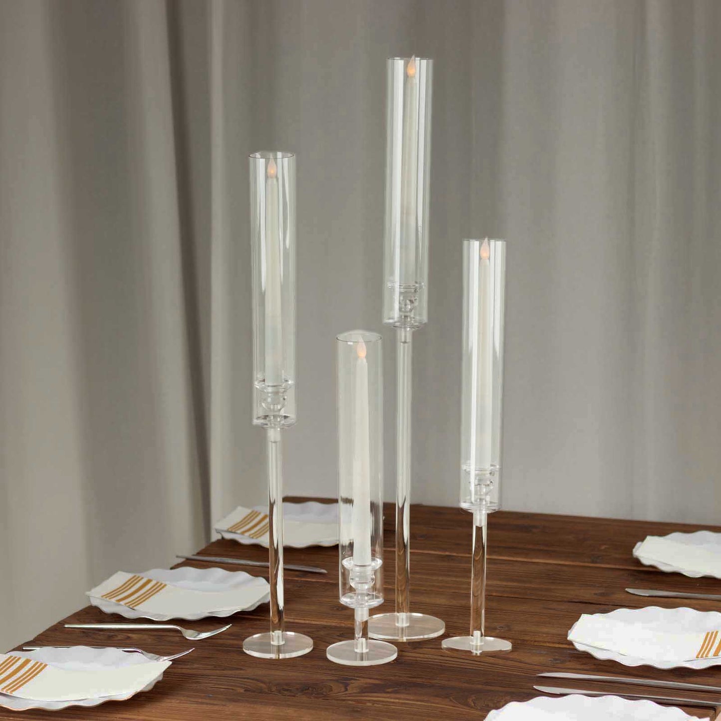 Set of 4 Clear Acrylic Hurricane Candle Stands, Taper Candlestick Holders With Tall Chimney Tube Candle Shades - 14",18",22",26"