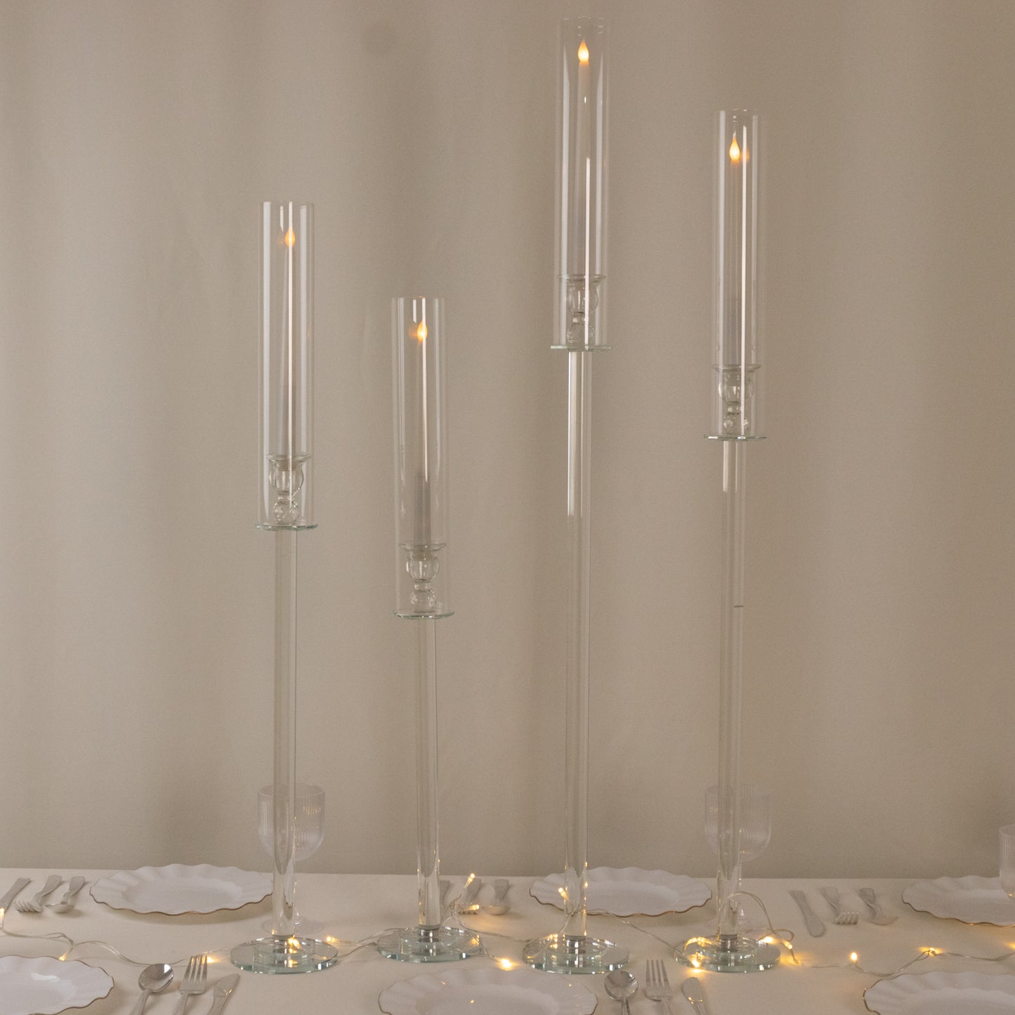 Set of 4 Crystal Glass Hurricane Taper Candle Holders, Decorative Tall Candle Stands Clear Cylinder Chimney Tubes 29", 33", 37", 41"
