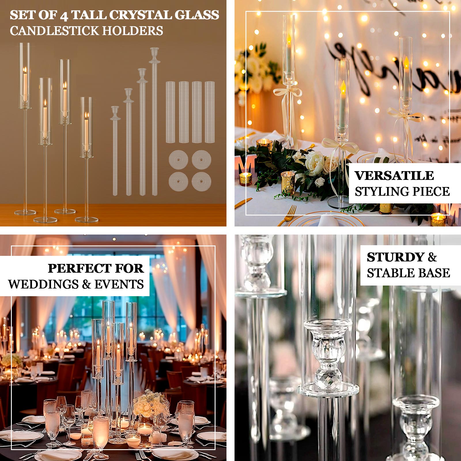 Set of 4 Crystal Glass Hurricane Taper Candle Holders, Decorative Tall Candle Stands Clear Cylinder Chimney Tubes 29", 33", 37", 41"