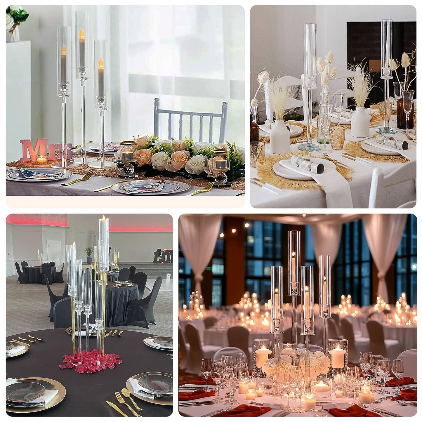 Set of 4 Crystal Glass Hurricane Taper Candle Holders, Decorative Tall Candle Stands Clear Cylinder Chimney Tubes 29", 33", 37", 41"