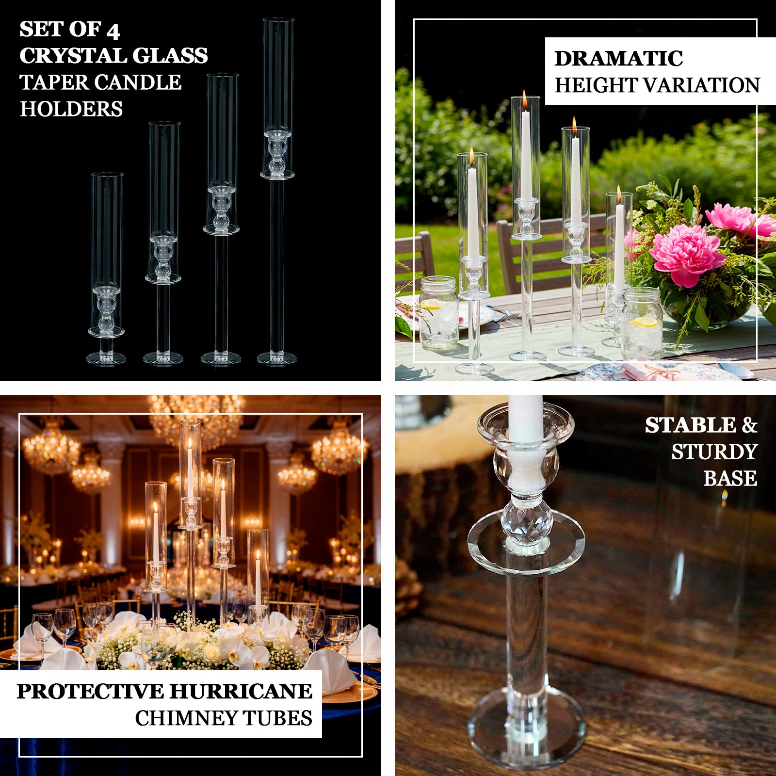 Set of 4 | Clear Crystal Glass Hurricane Taper Candle Holders With Tall Cylinder Chimney Tubes - 14", 18", 22", 26"