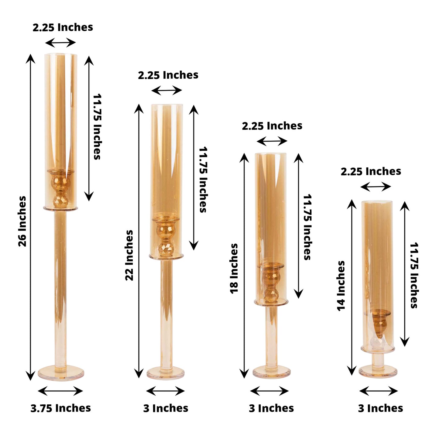 Set of 4 Gold Crystal Glass Hurricane Taper Candle Holders With Tall Cylinder Chimney Tubes - 14", 18", 22", 26"