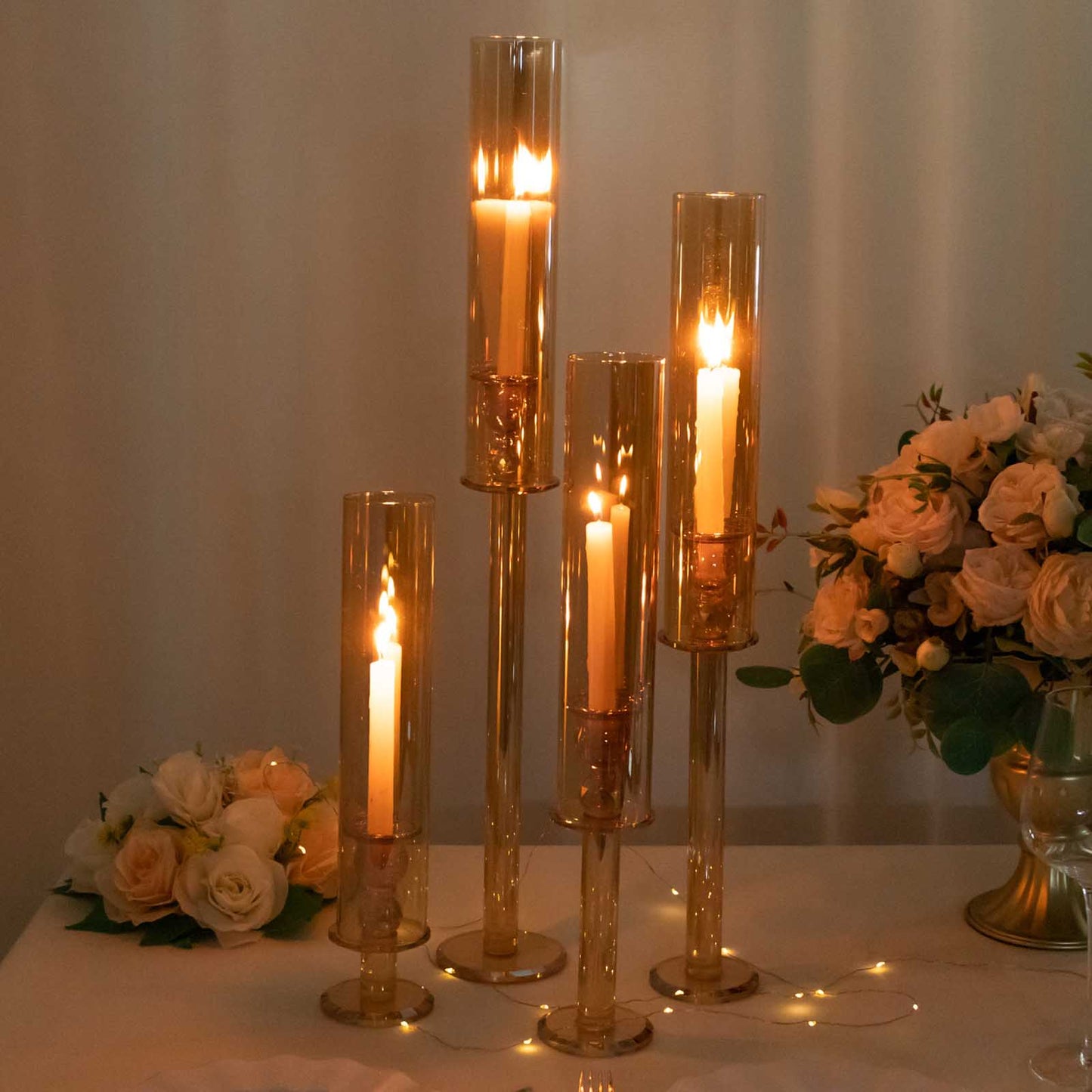 Set of 4 Gold Crystal Glass Hurricane Taper Candle Holders With Tall Cylinder Chimney Tubes - 14", 18", 22", 26"