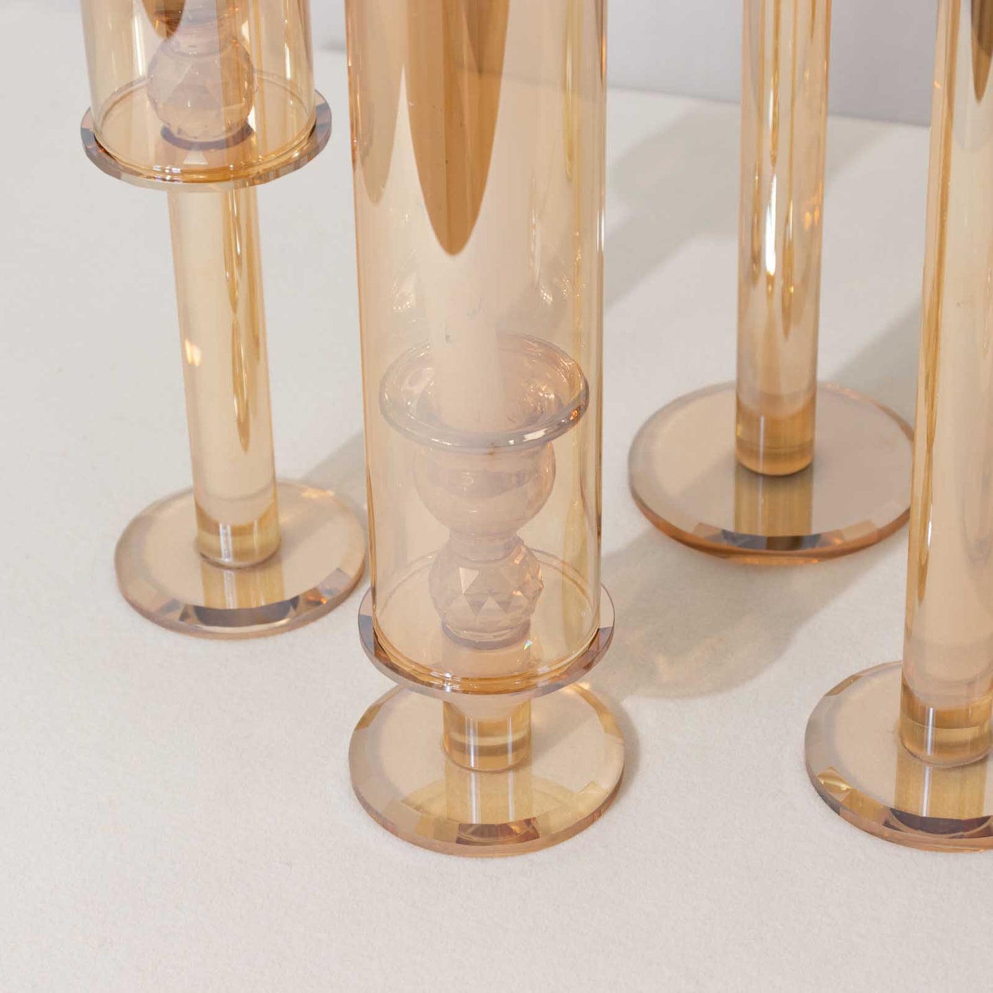 Set of 4 Gold Crystal Glass Hurricane Taper Candle Holders With Tall Cylinder Chimney Tubes - 14", 18", 22", 26"