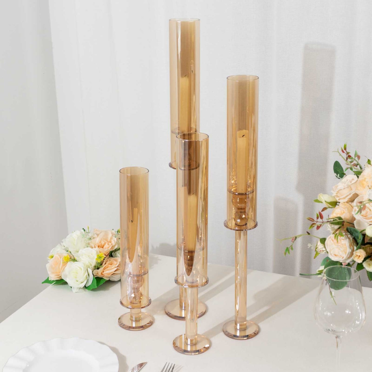 Set of 4 Gold Crystal Glass Hurricane Taper Candle Holders With Tall Cylinder Chimney Tubes - 14", 18", 22", 26"