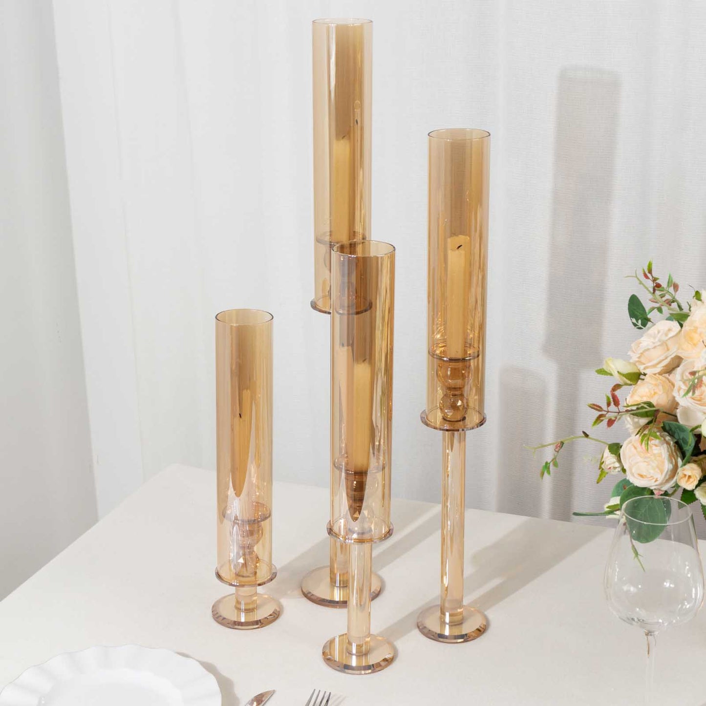 Set of 4 Gold Crystal Glass Hurricane Taper Candle Holders With Tall Cylinder Chimney Tubes - 14", 18", 22", 26"