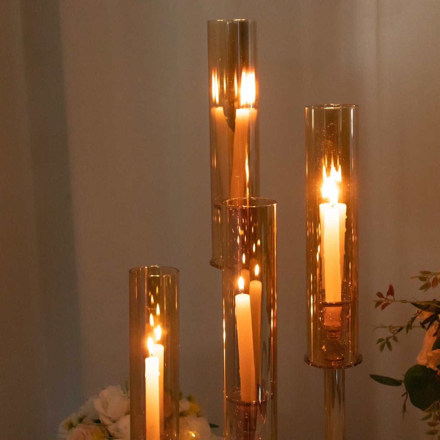 Set of 4 Gold Crystal Glass Hurricane Taper Candle Holders With Tall Cylinder Chimney Tubes - 14", 18", 22", 26"