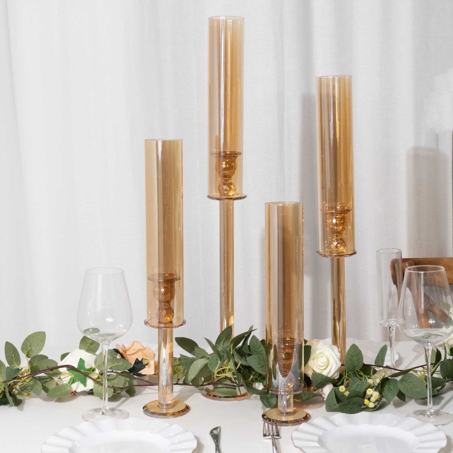 Set of 4 Gold Crystal Glass Hurricane Taper Candle Holders With Tall Cylinder Chimney Tubes - 14", 18", 22", 26"