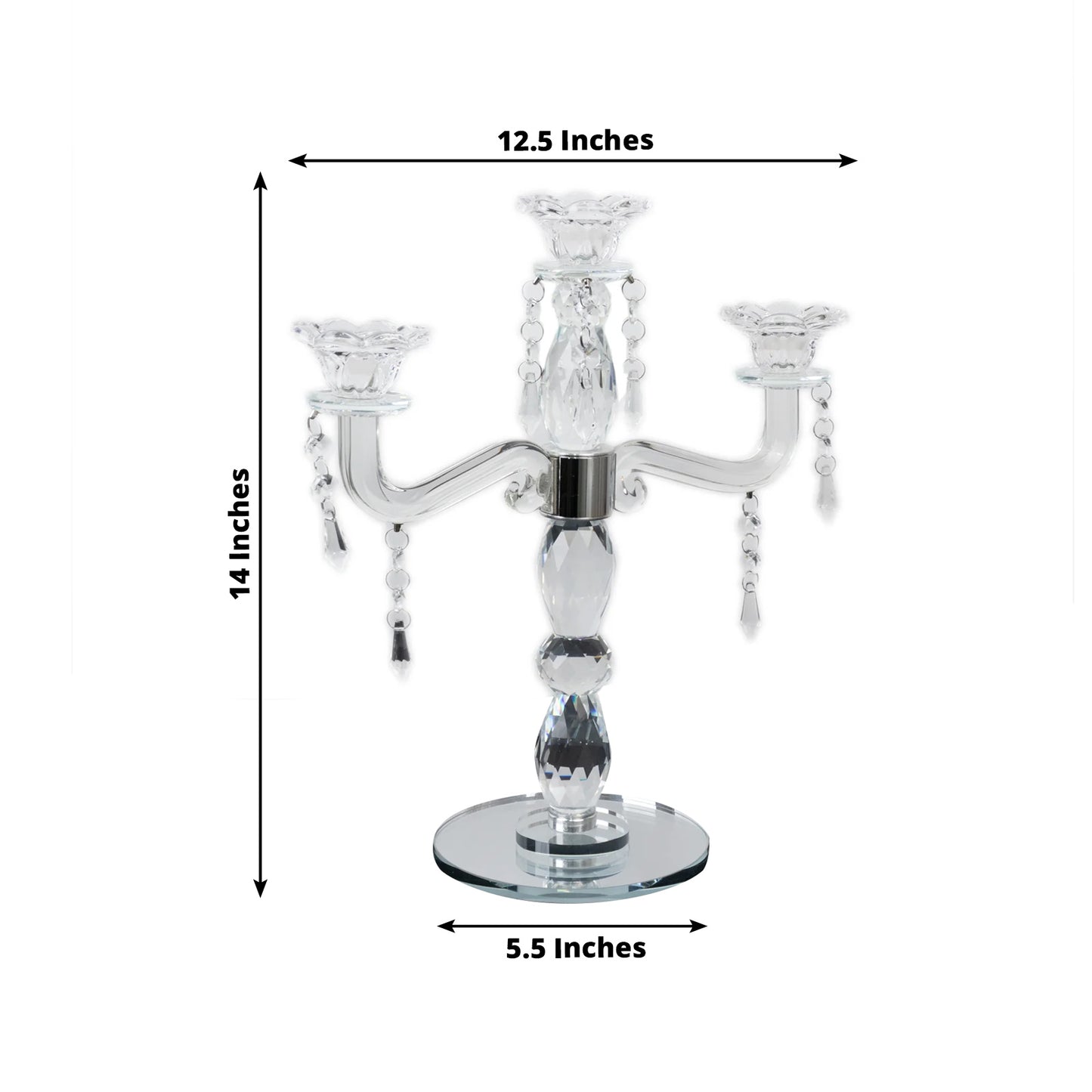Crystal Taper Candle Holder with 3 Arms & Hanging Pendants – Elegant Table Centerpiece, 14"