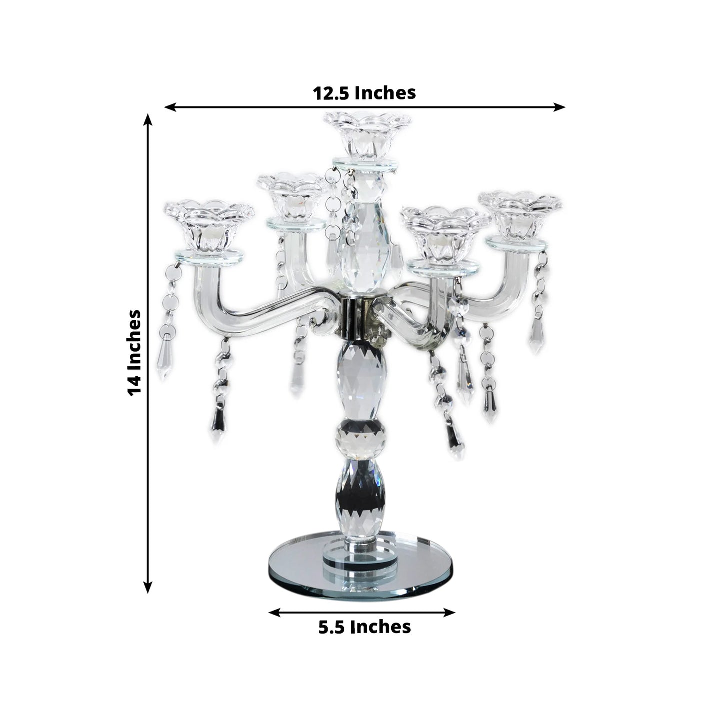 Elegant crystal taper candle holder with 5 arms and hanging pendants, 14 inches tall.