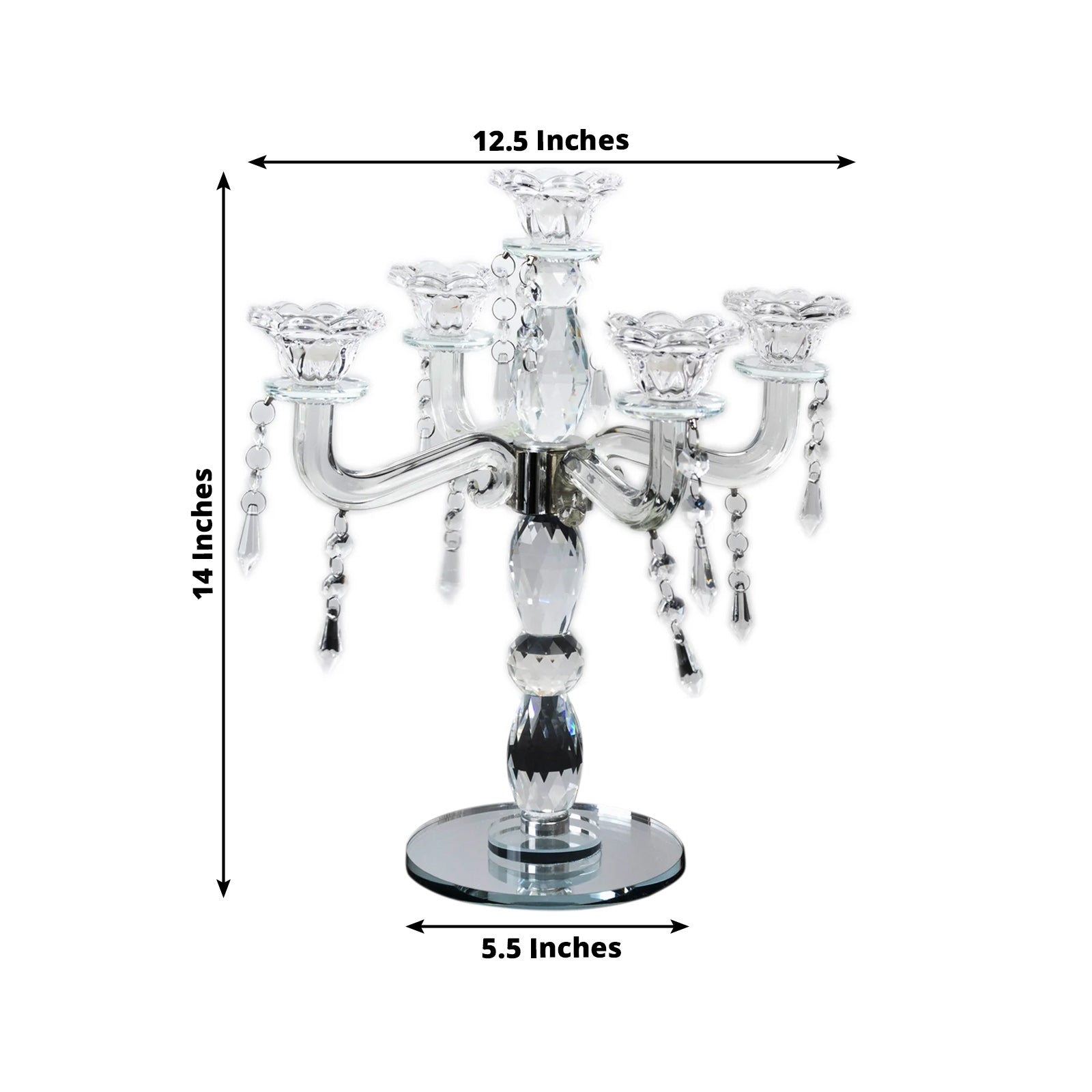 Elegant crystal taper candle holder with 5 arms and hanging pendants, 14 inches tall.