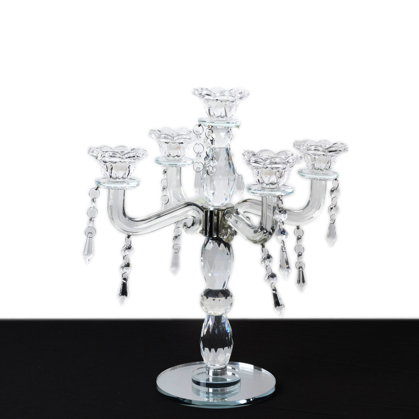 Crystal taper candle holder with 5 arms, elegant clear centerpiece with pendants.