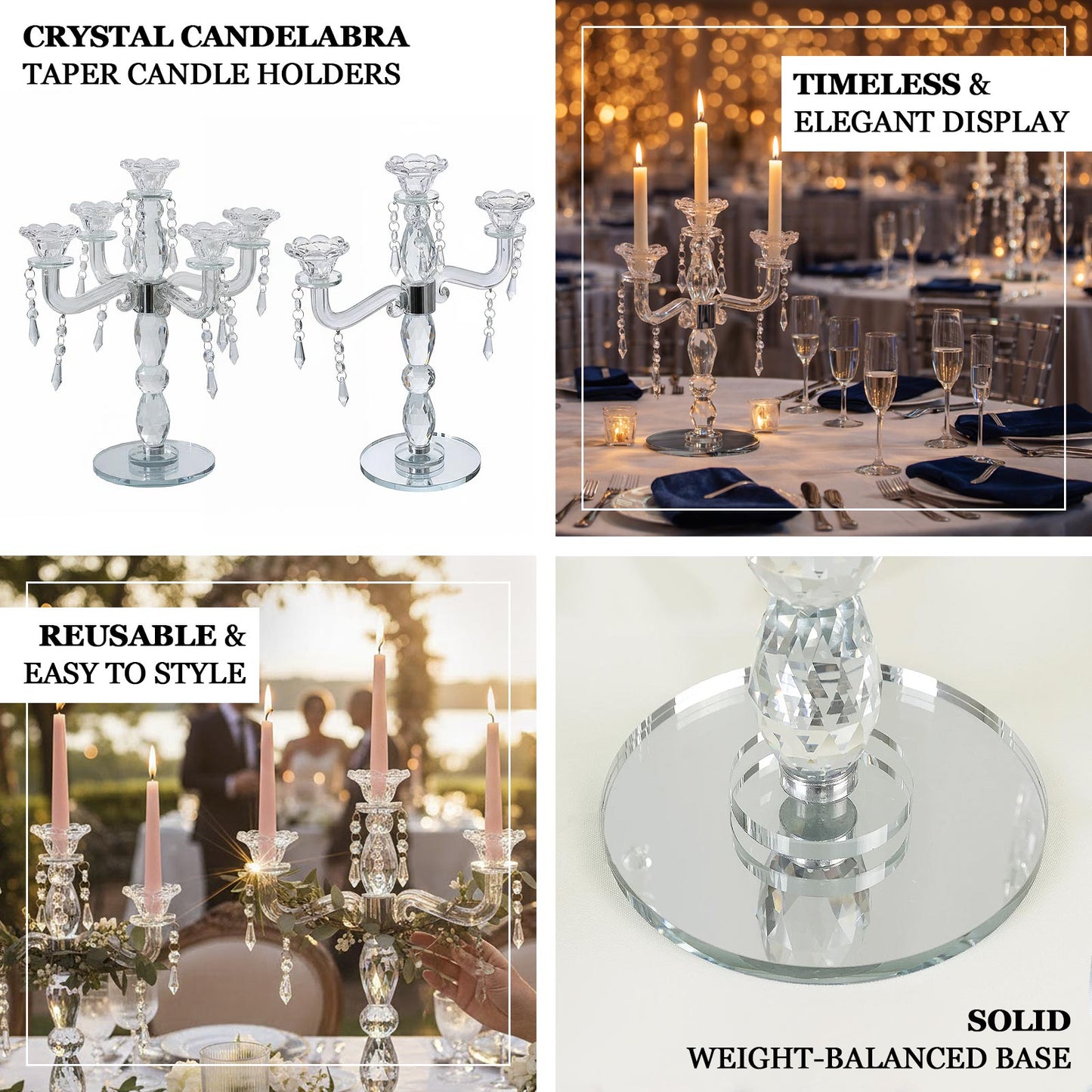 Elegant crystal taper candle holder centerpiece with 5 arms and hanging pendants.