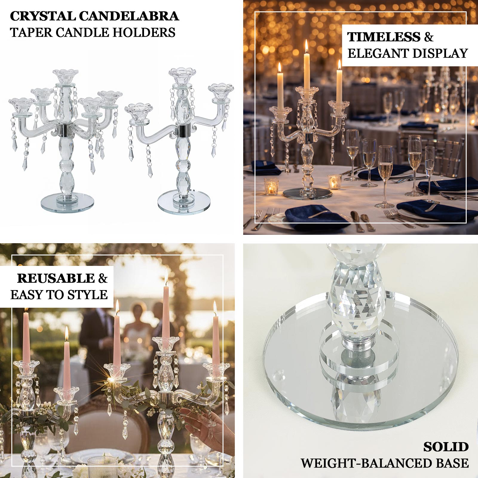 Elegant crystal taper candle holder centerpiece with 5 arms and hanging pendants.