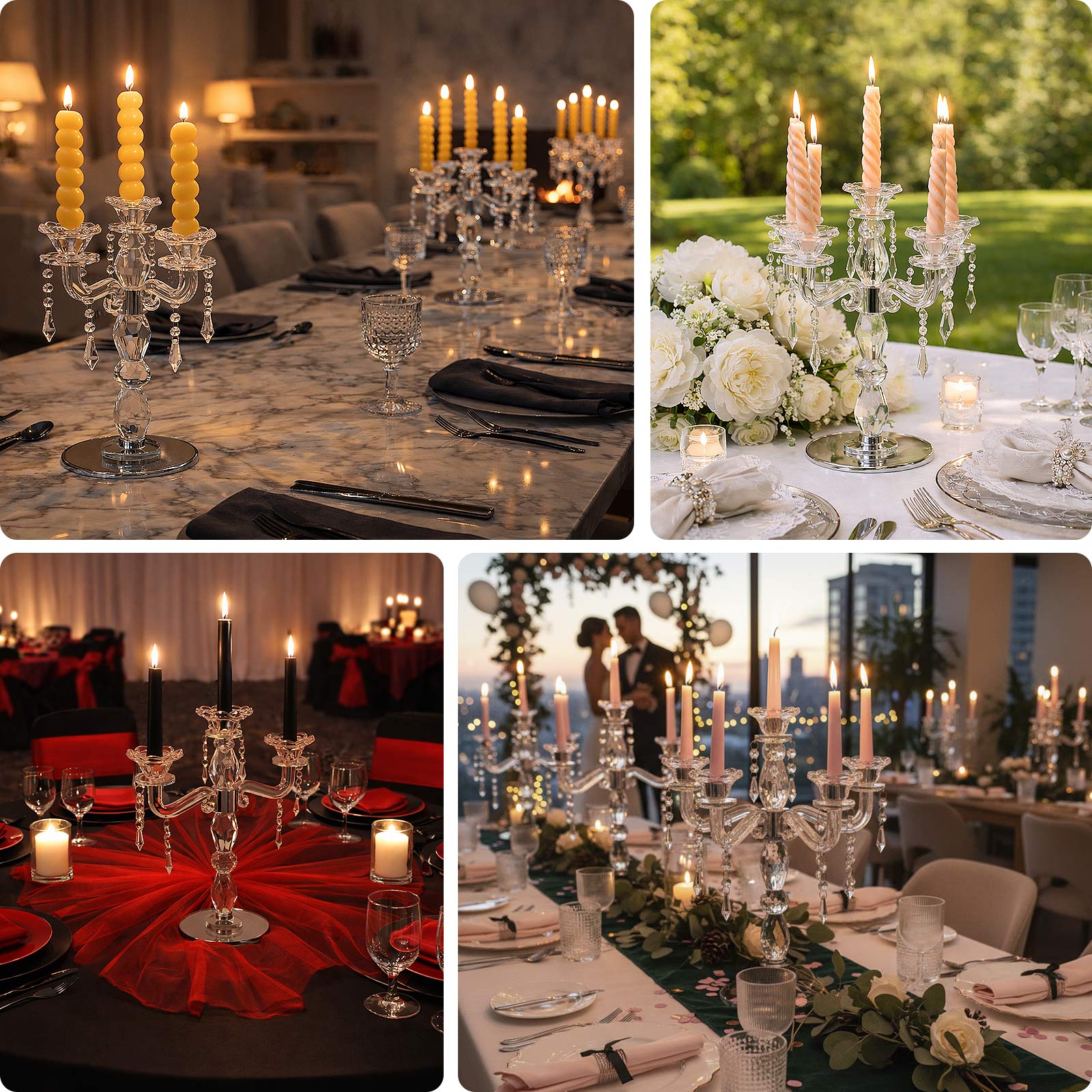 Elegant crystal taper candle holder with 5 arms and hanging pendants.