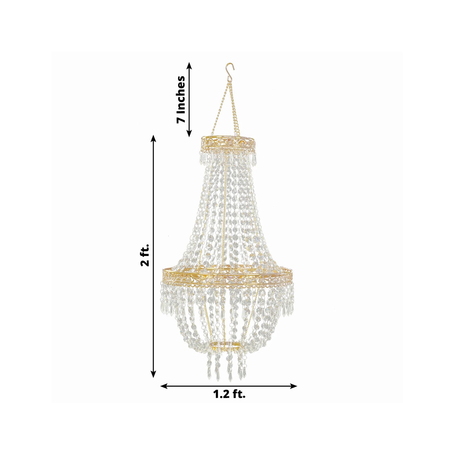 Gold beaded crystal chandelier with ornate metal frame, adjustable farmhouse pendant lighting.