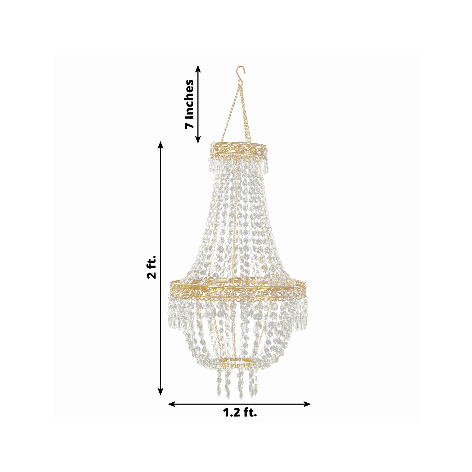 Gold beaded crystal chandelier with ornate metal frame, adjustable farmhouse pendant lighting.