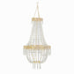 Gold beaded crystal chandelier with ornate frame, adjustable pendant lighting.