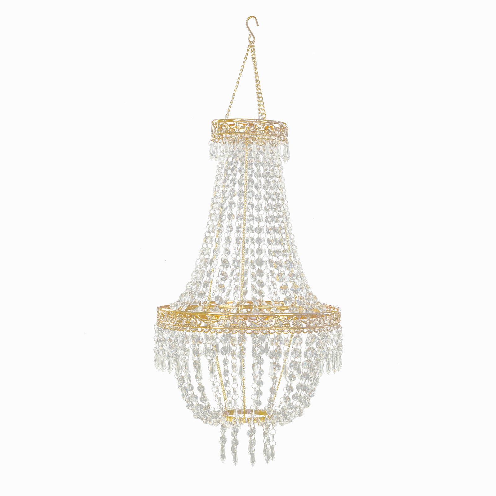 Gold beaded crystal chandelier with ornate frame, adjustable pendant lighting.