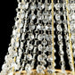 Gold beaded crystal chandelier with ornate metal frame.