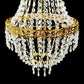 Gold beaded crystal chandelier with ornate metal frame, adjustable farmhouse pendant lighting.