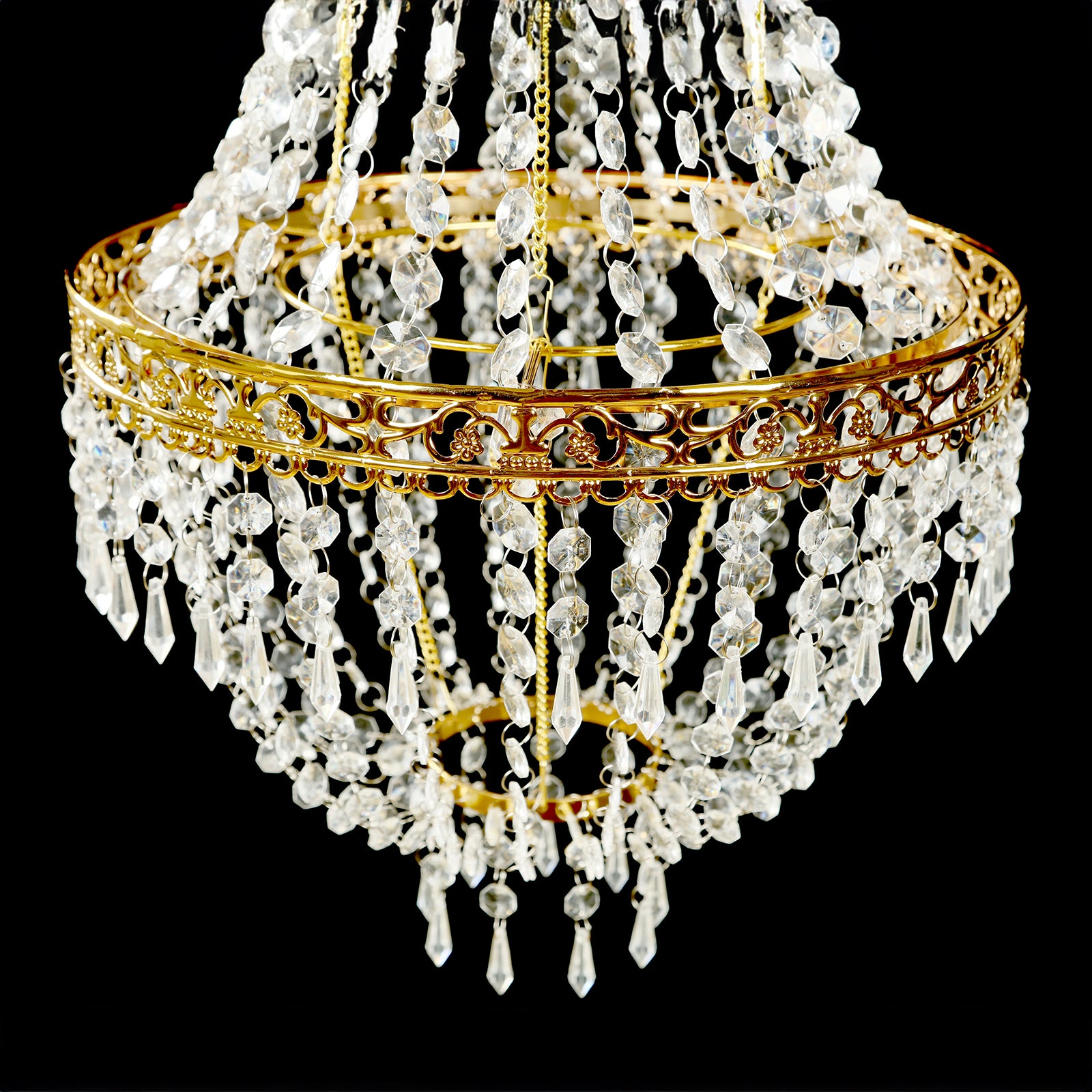 Gold beaded crystal chandelier with ornate metal frame, adjustable farmhouse pendant lighting.
