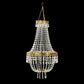 Gold beaded crystal chandelier with ornate metal frame.