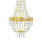 Gold beaded crystal chandelier with ornate metal frame.
