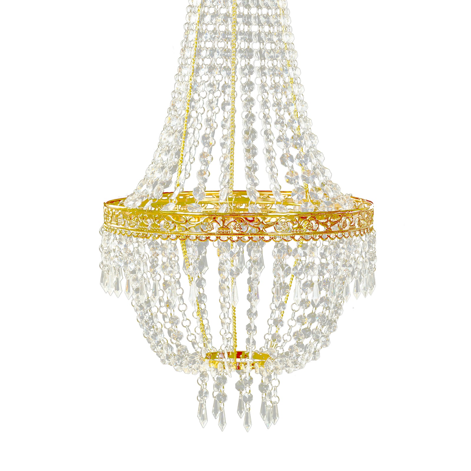 Gold beaded crystal chandelier with ornate metal frame.