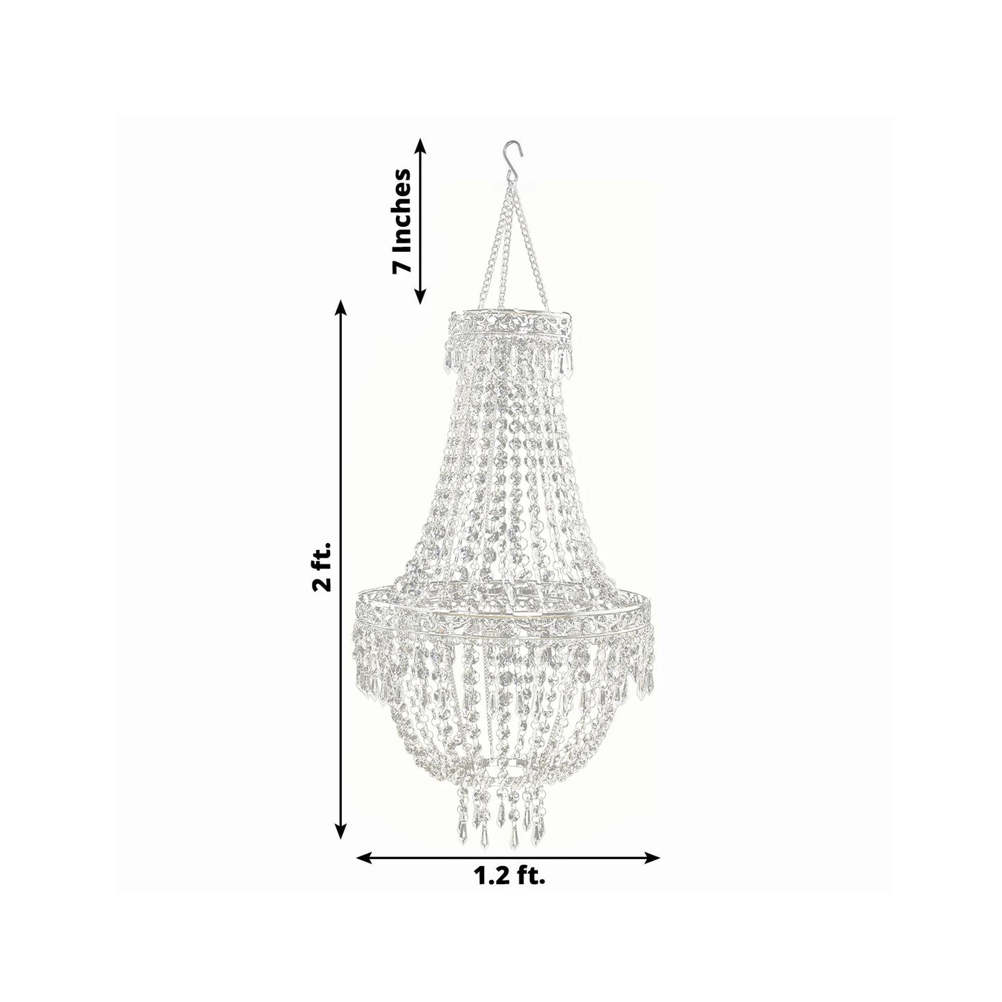Silver beaded crystal chandelier with ornate metal frame.