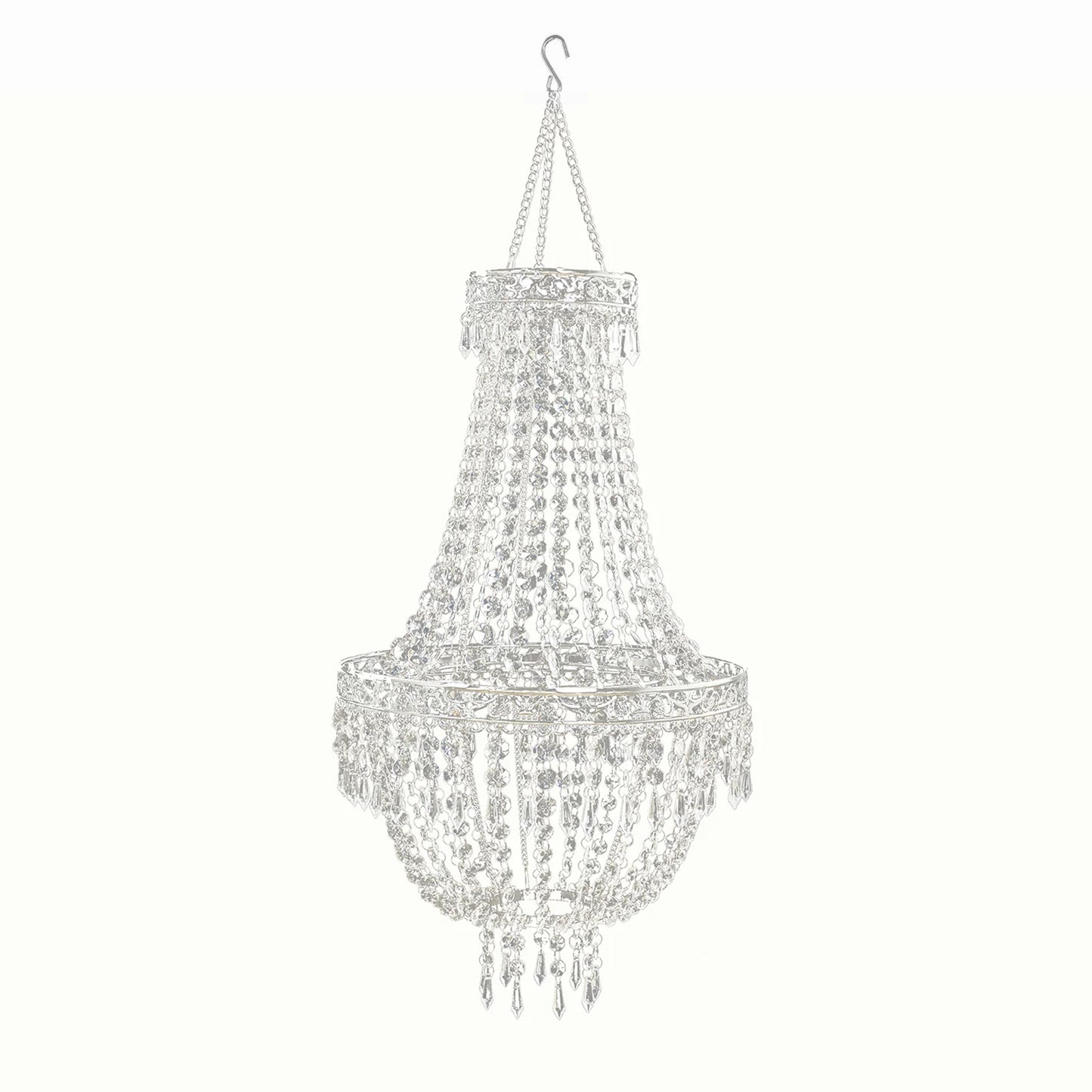 Silver beaded crystal chandelier with ornate metal frame, adjustable farmhouse pendant.