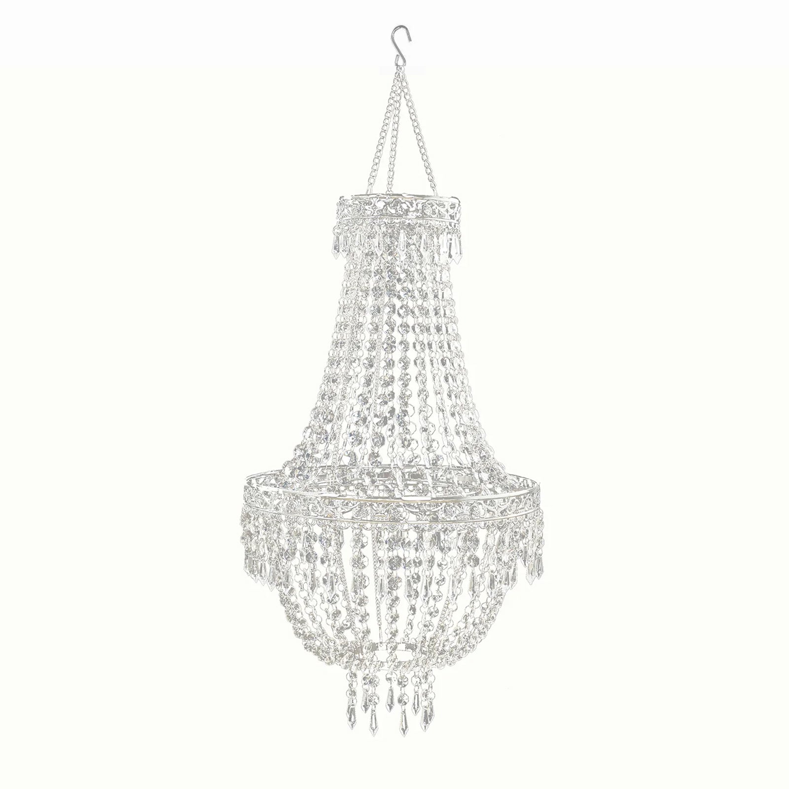 Silver beaded crystal chandelier with ornate metal frame, adjustable farmhouse pendant.