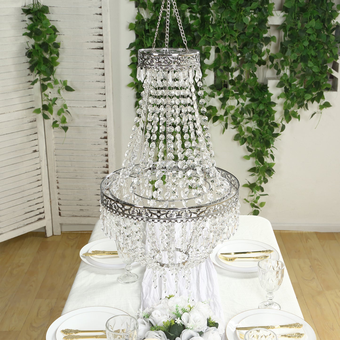 Silver beaded crystal chandelier with ornate metal frame, farmhouse pendant lighting.