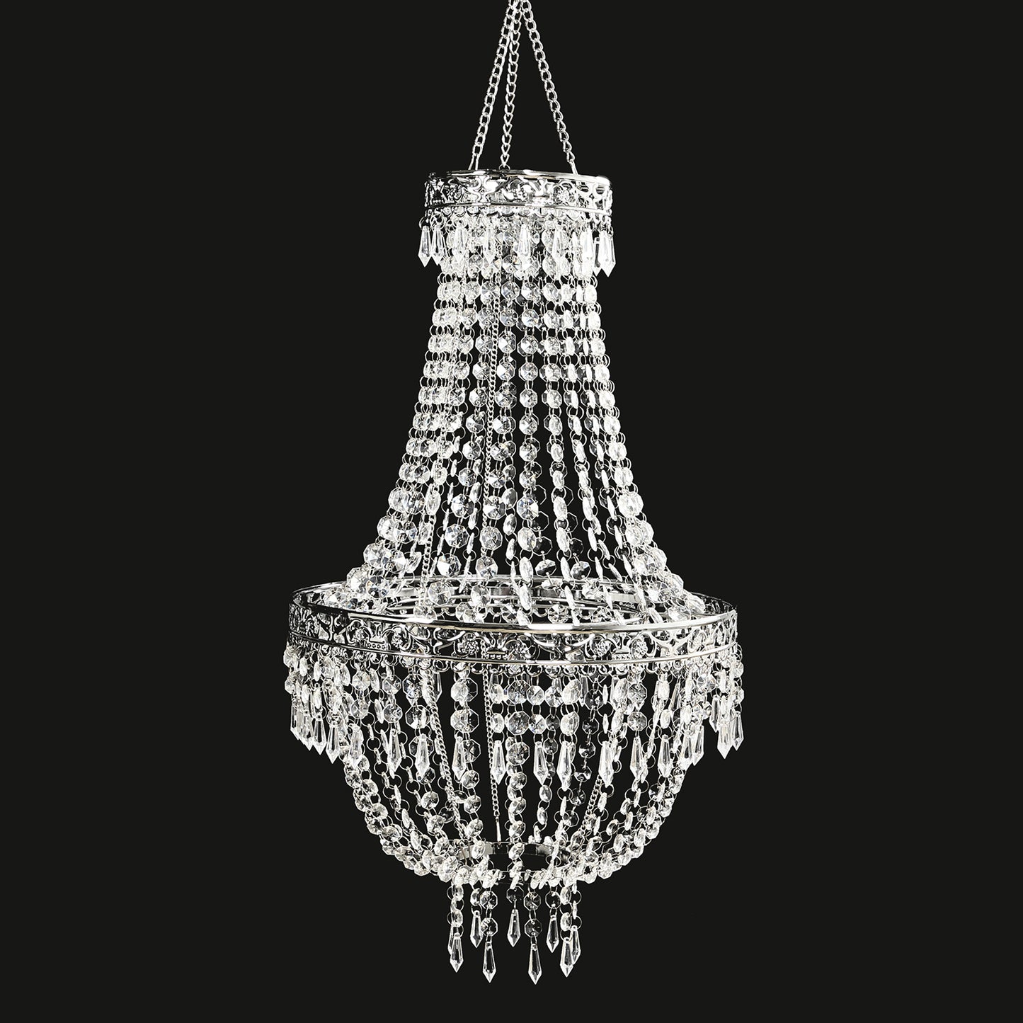 Silver beaded crystal chandelier with ornate metal frame.