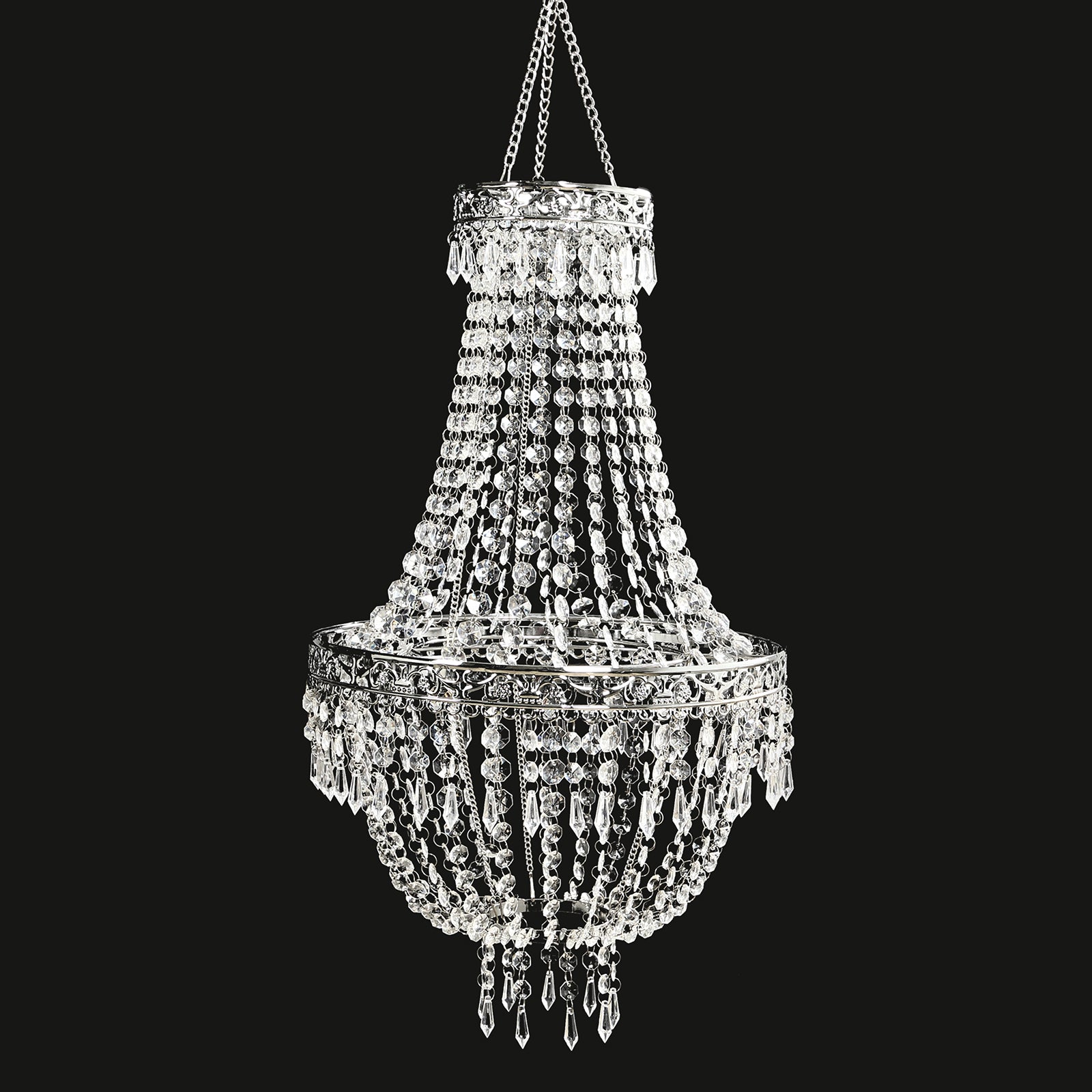 Silver beaded crystal chandelier with ornate metal frame.