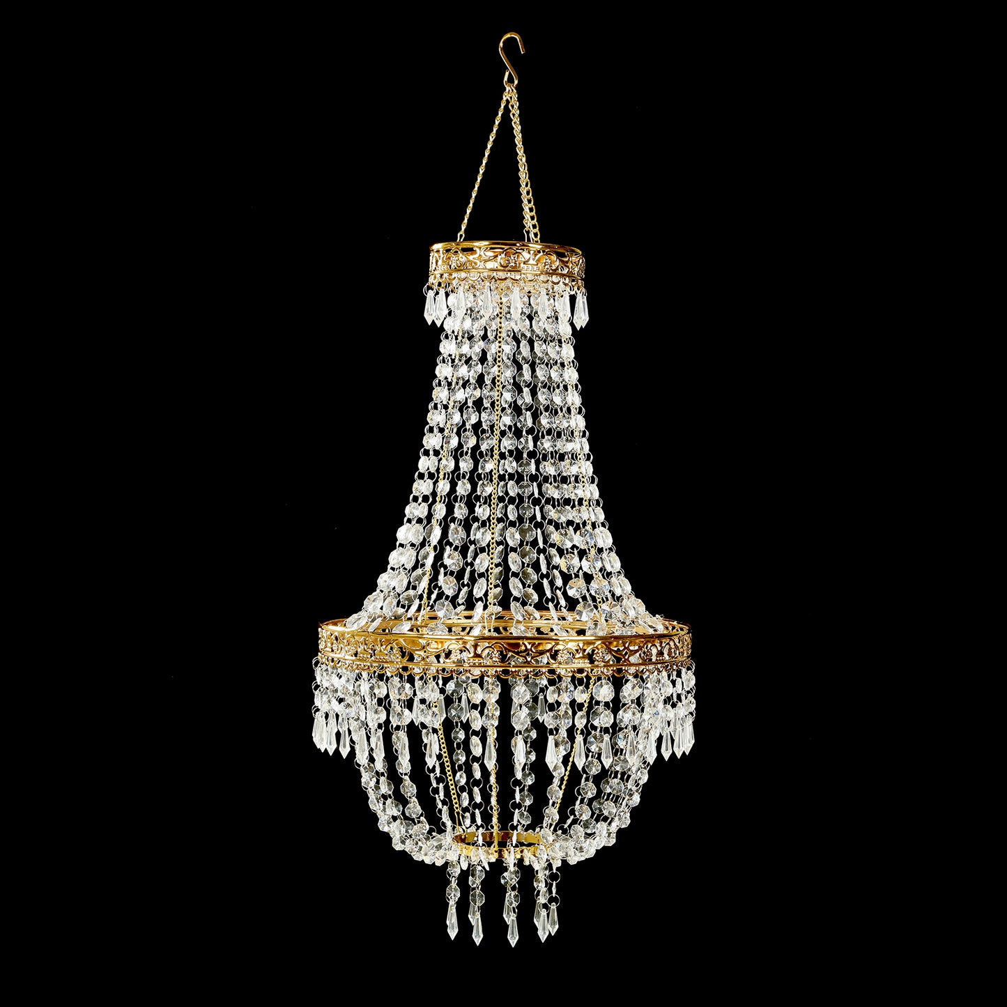 3ft Empire Style Beaded Crystal Chandelier with Gold Ornate Metal Frame, Adjustable Hanging Farmhouse Pendant Ceiling Lighting