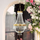 Gold crystal chandelier with beaded design, elegant farmhouse pendant lighting.