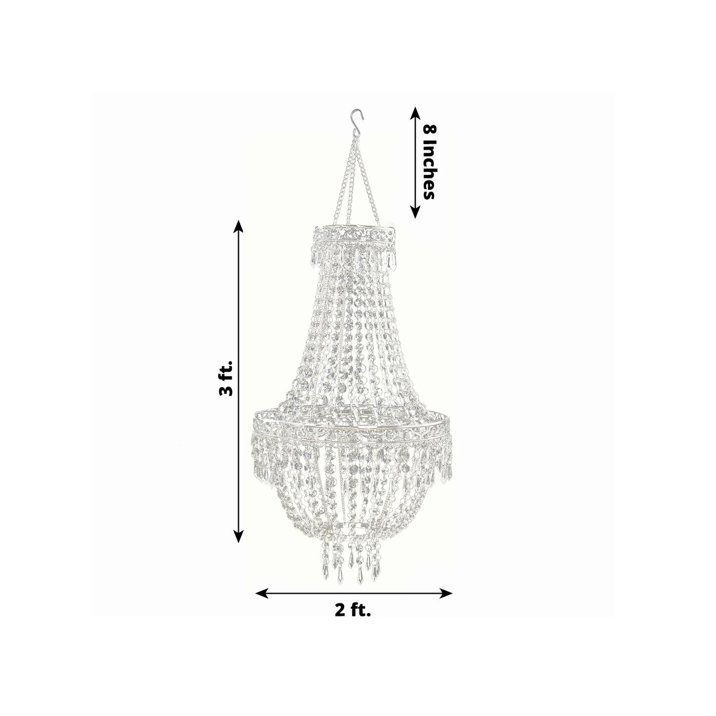 Silver beaded crystal chandelier with ornate metal frame.