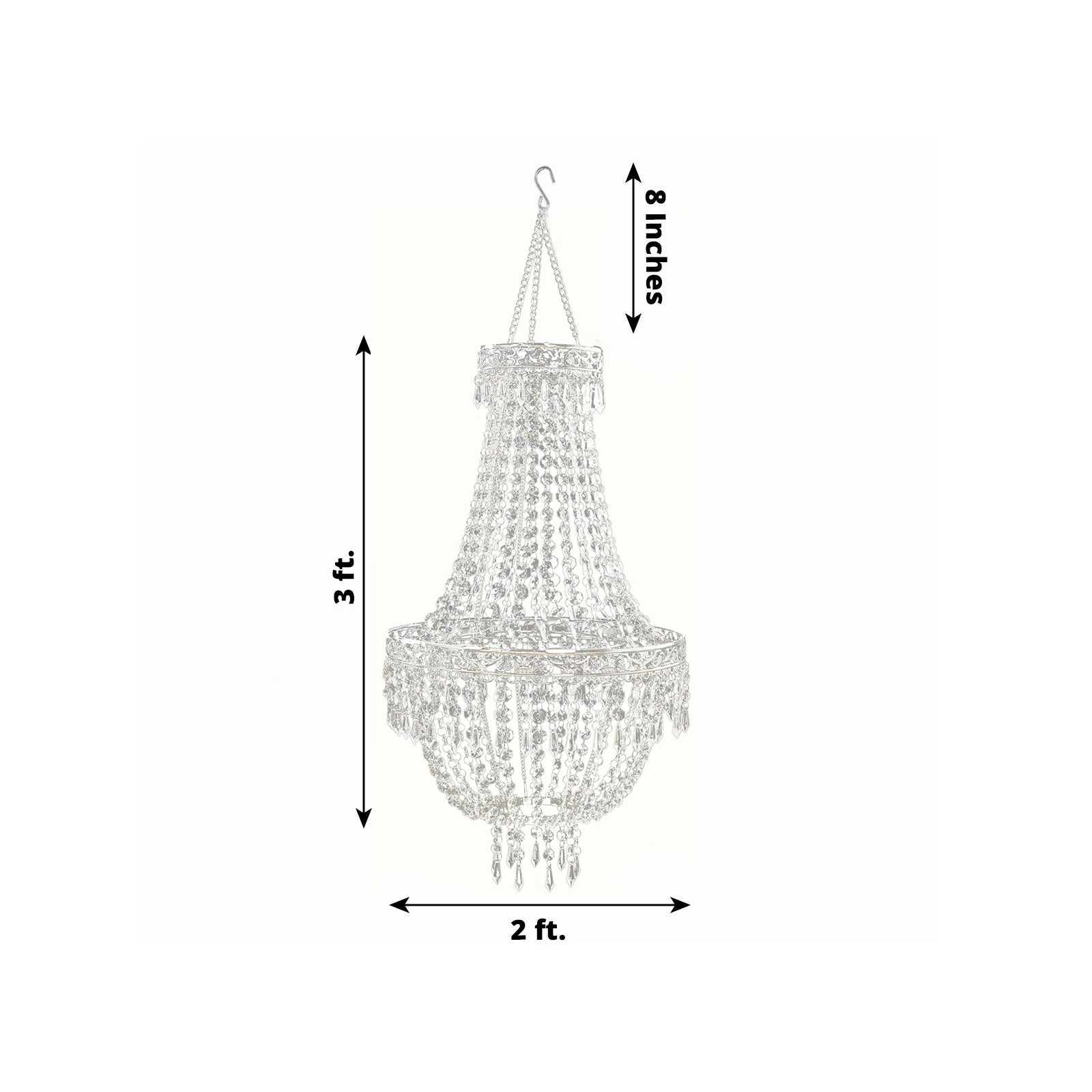 Silver beaded crystal chandelier with ornate metal frame.