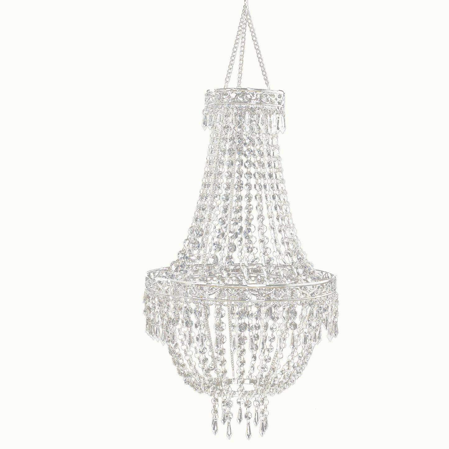 Silver beaded crystal chandelier with ornate metal frame.