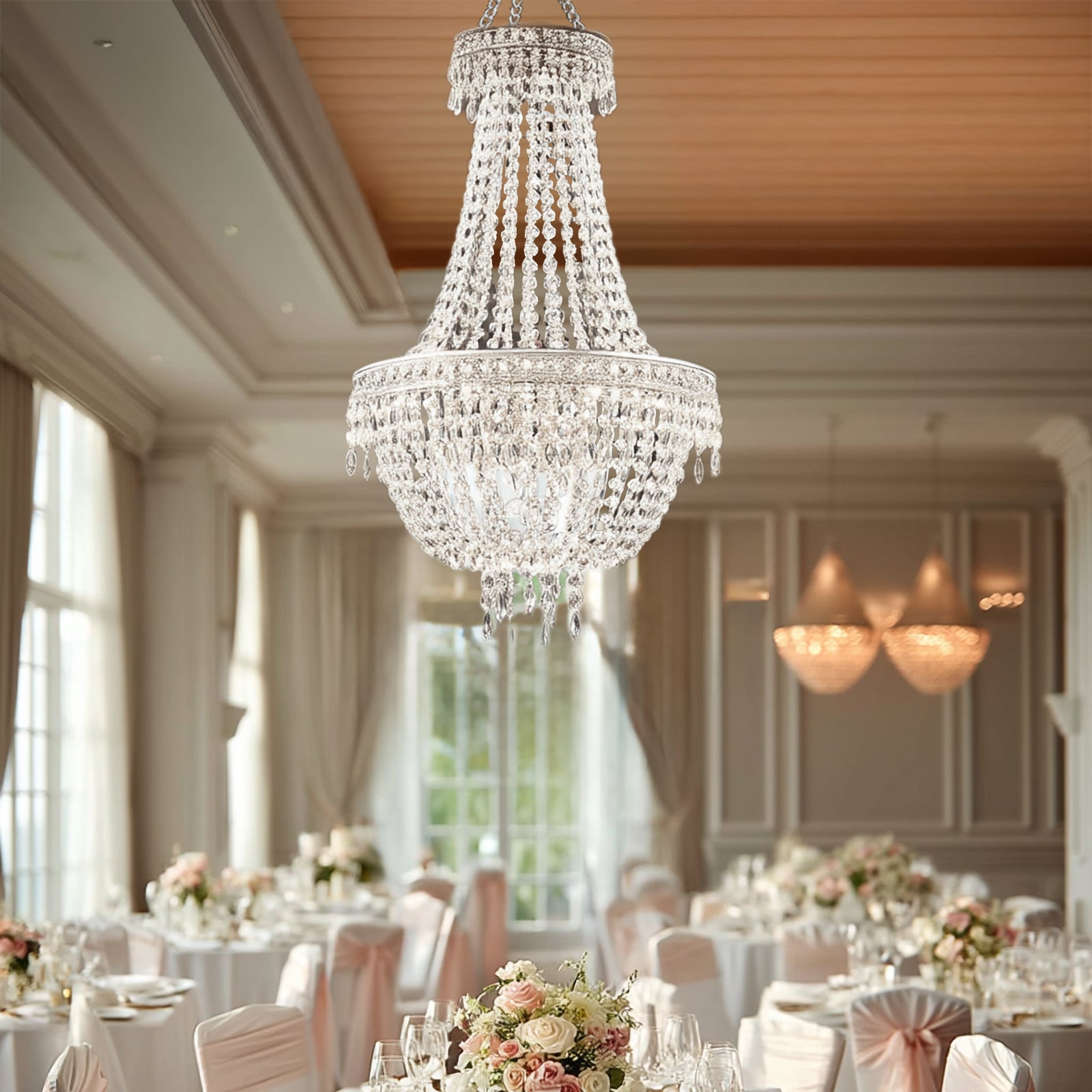 Silver beaded crystal chandelier in elegant setting.